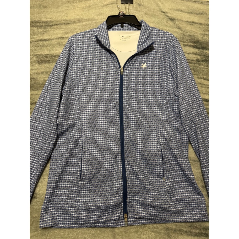 Peter Millar Mens Blue White Geometric Full Zip Performance Jacket UPF 50+ L